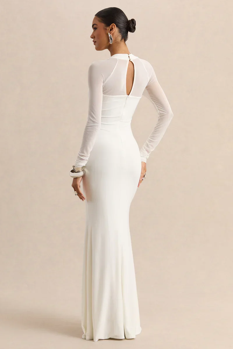Fleurisia | White Square-Neck Maxi Dress With Mesh Long-Sleeves