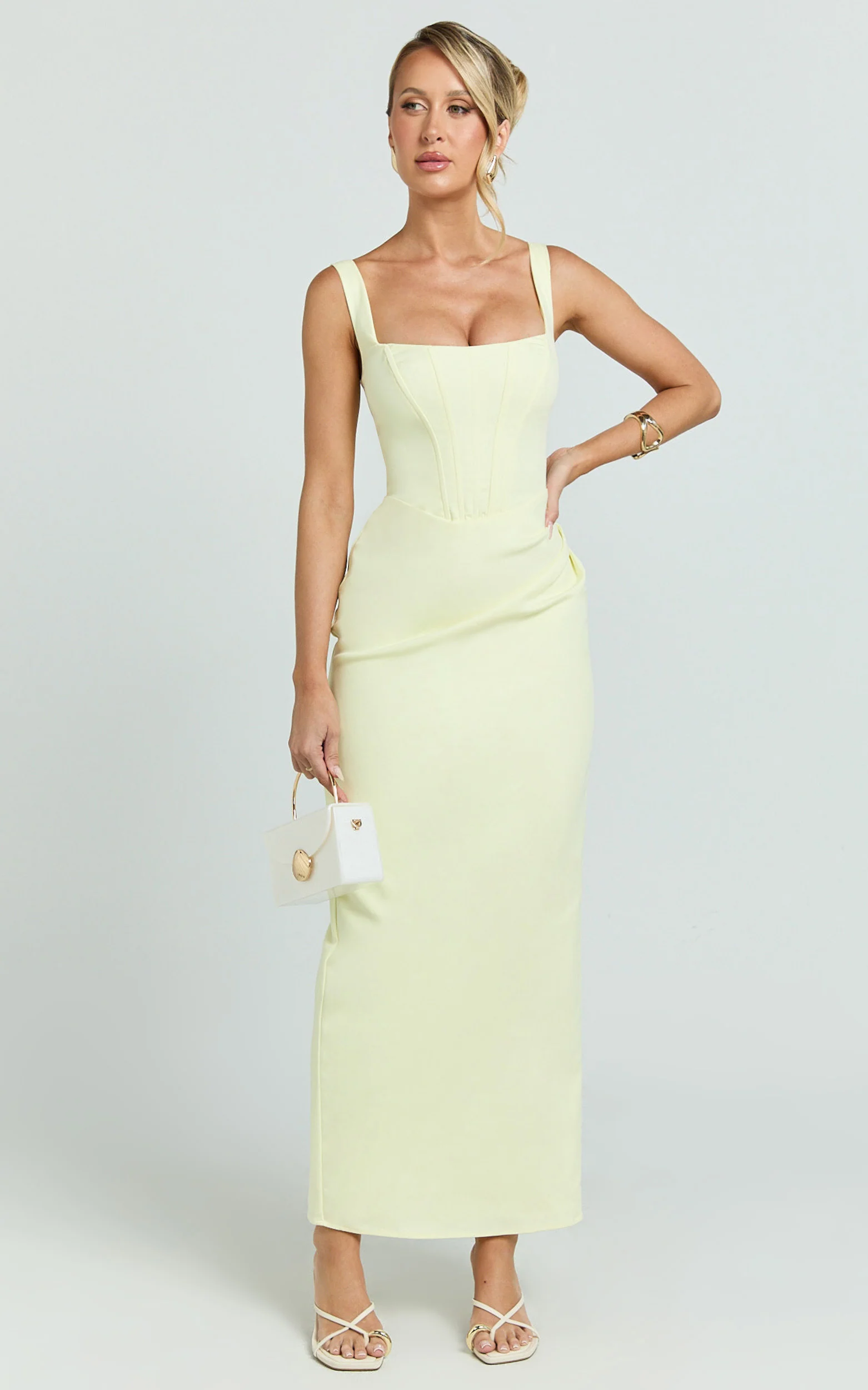 Karlie Maxi Dress - Scoop Neck Fitted Dress in Lemon
