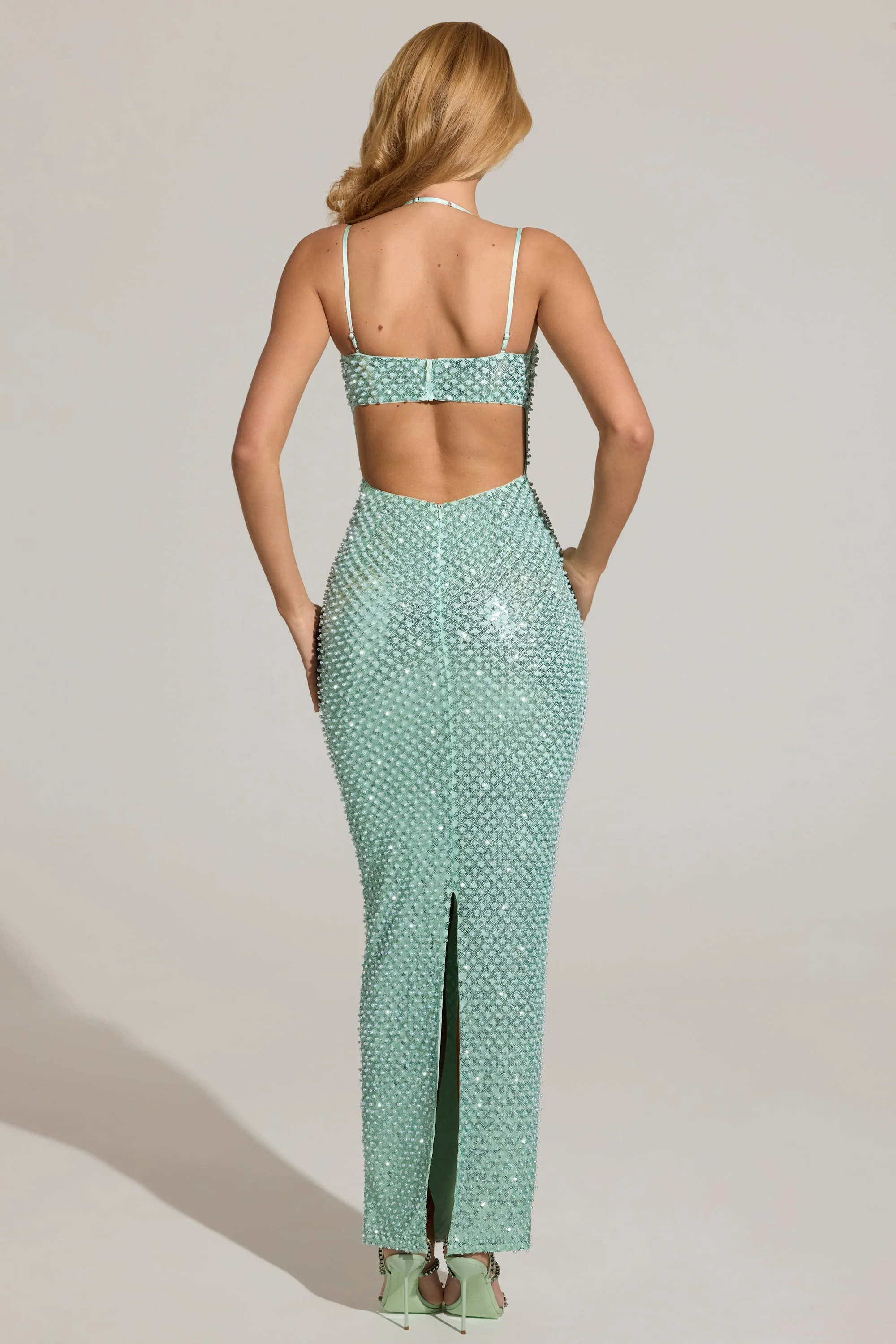Embellished Cowl-Neck Maxi Dress in Aqua Blue