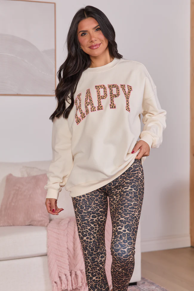 Happy Block Leopard Cream Graphic Sweatshirt