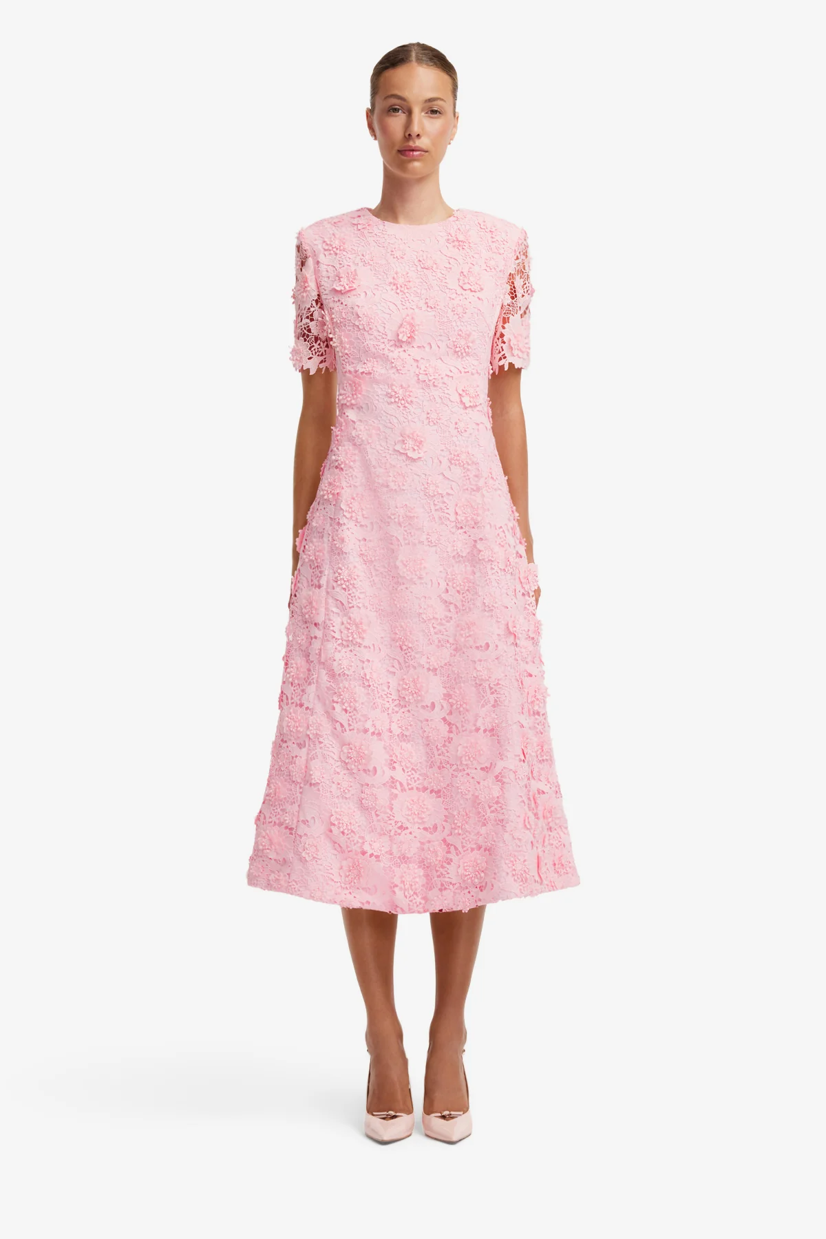 Caroline Lace Short Sleeves Midi Dress - Blush Pink