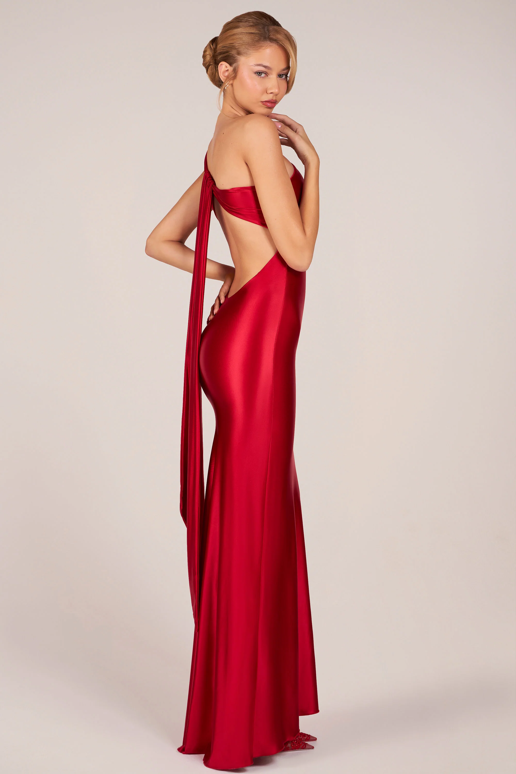 Asymmetric Tie-Back Gown in Cherry