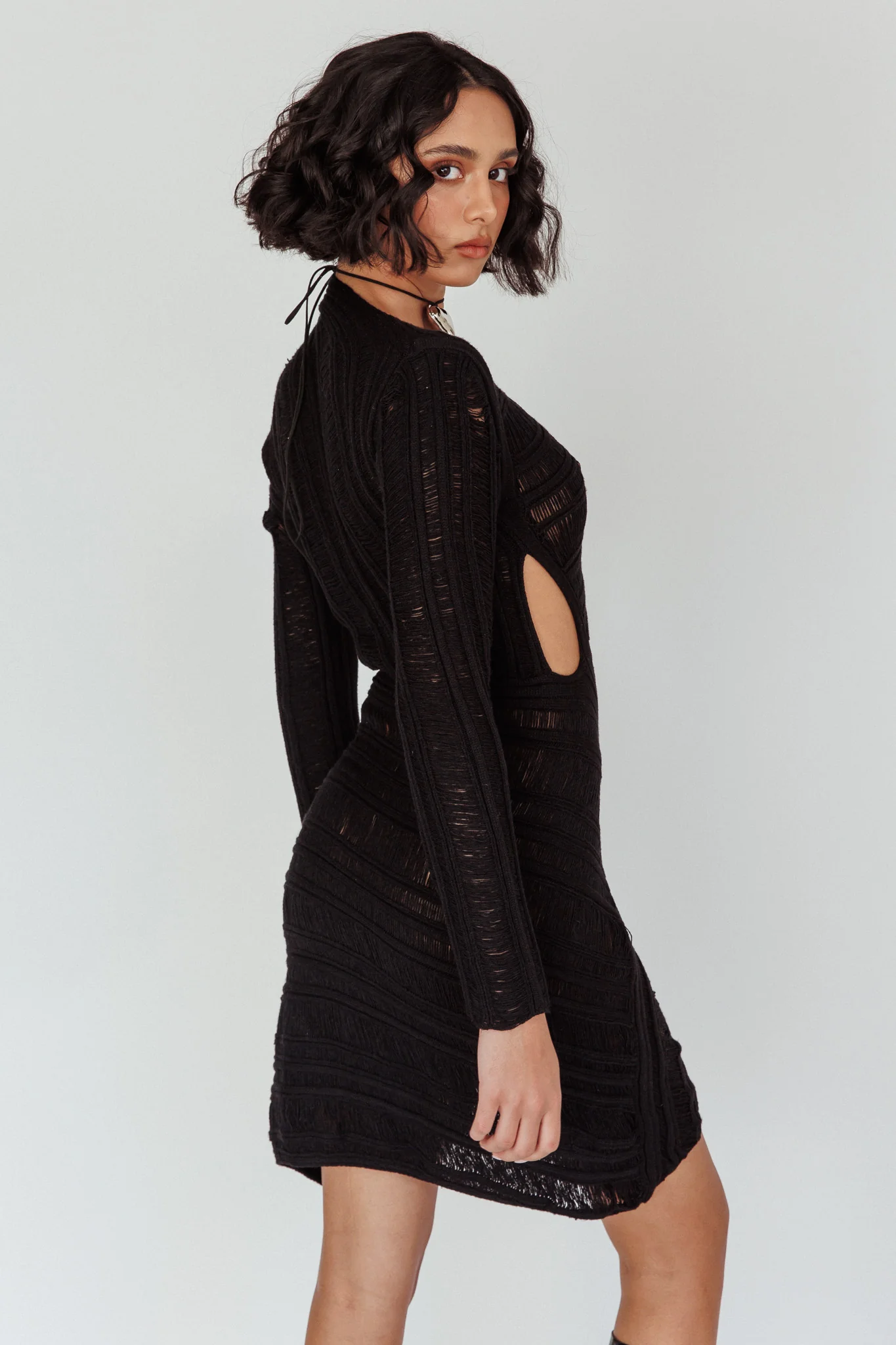 Leyanne Crochet Long Sleeve Cut-Out Mini Dress Black
