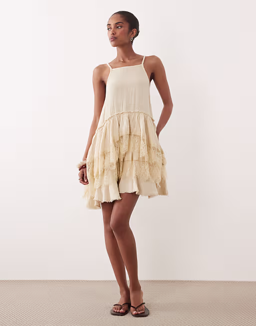 double cloth washed mini sundress with distressed ruffles and lace panels in tea stained wash