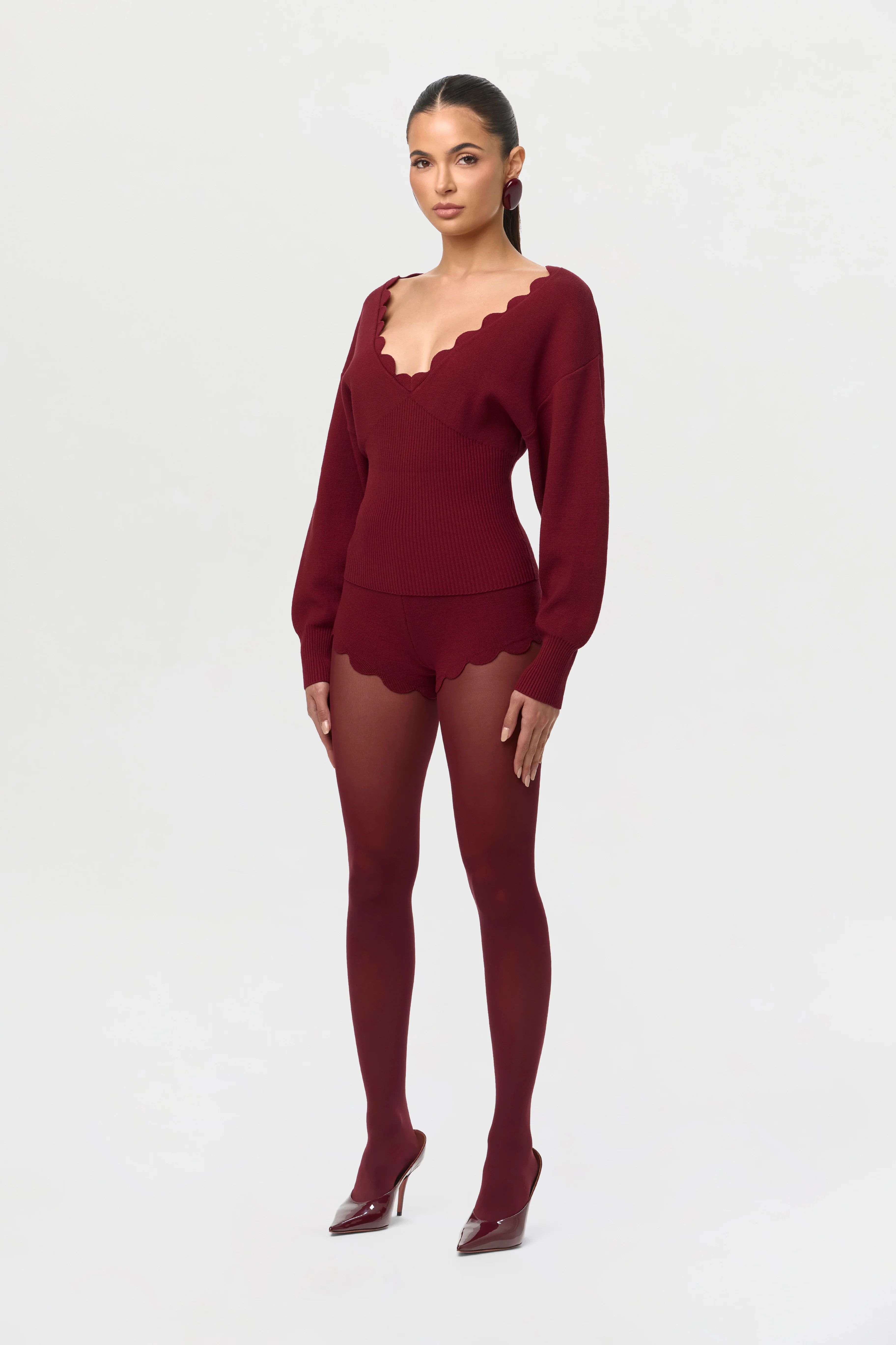 Ribbed-Knit V-Neck Scallop Sweater