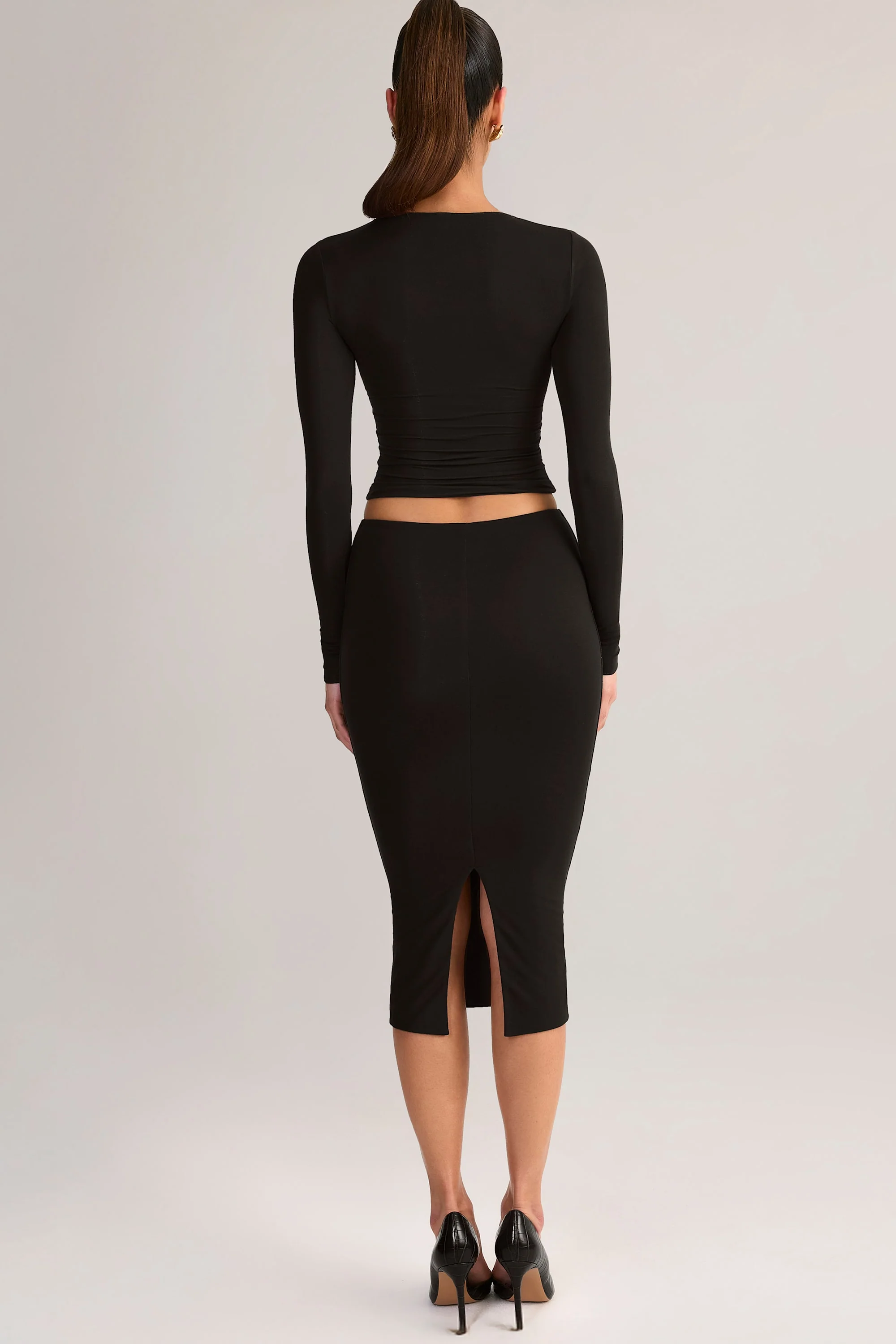Modal Mid-Rise Pencil Midi Skirt in Black