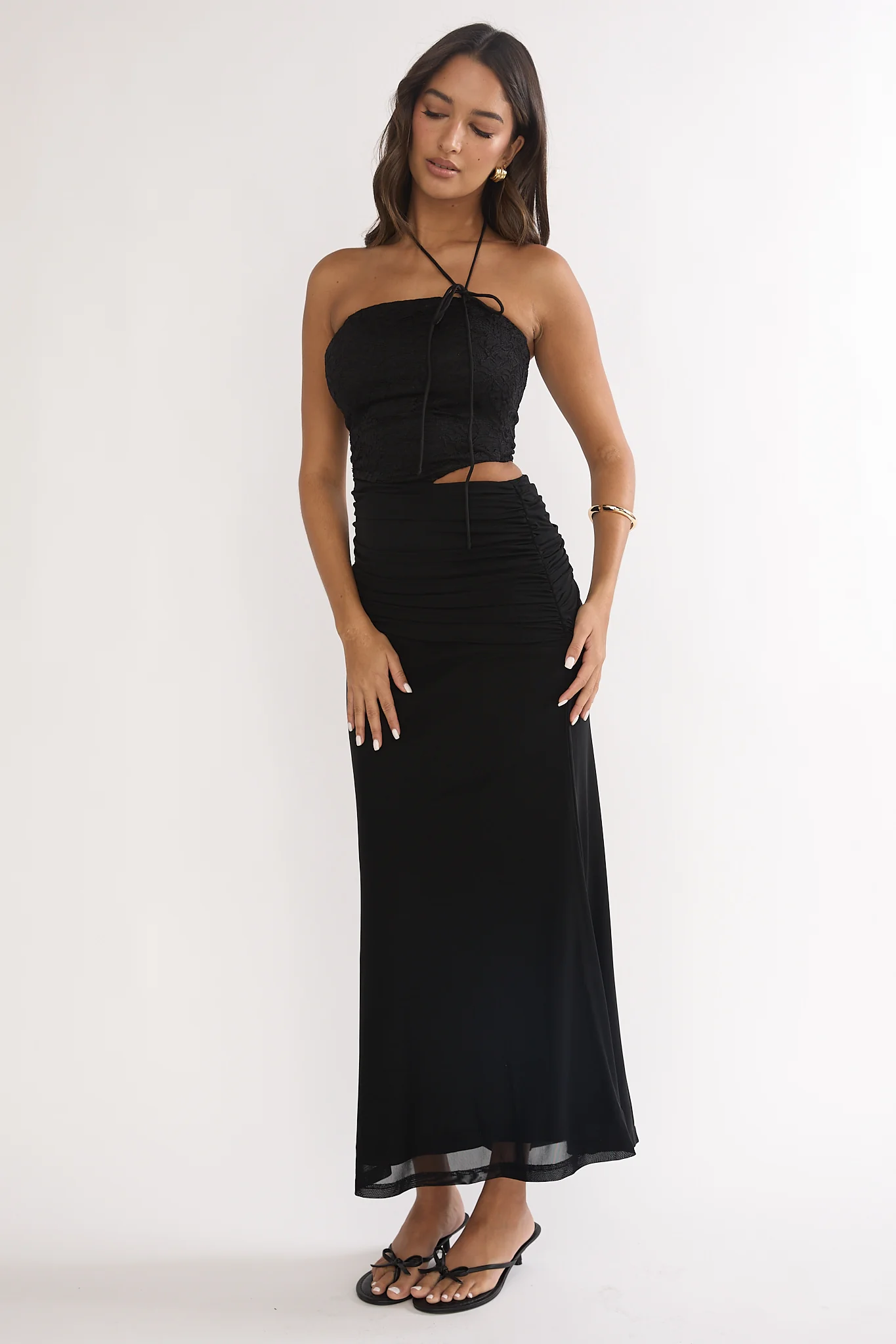 Truths Cut-Out Waist Ruched Maxi Dress Black - luluinthesky
