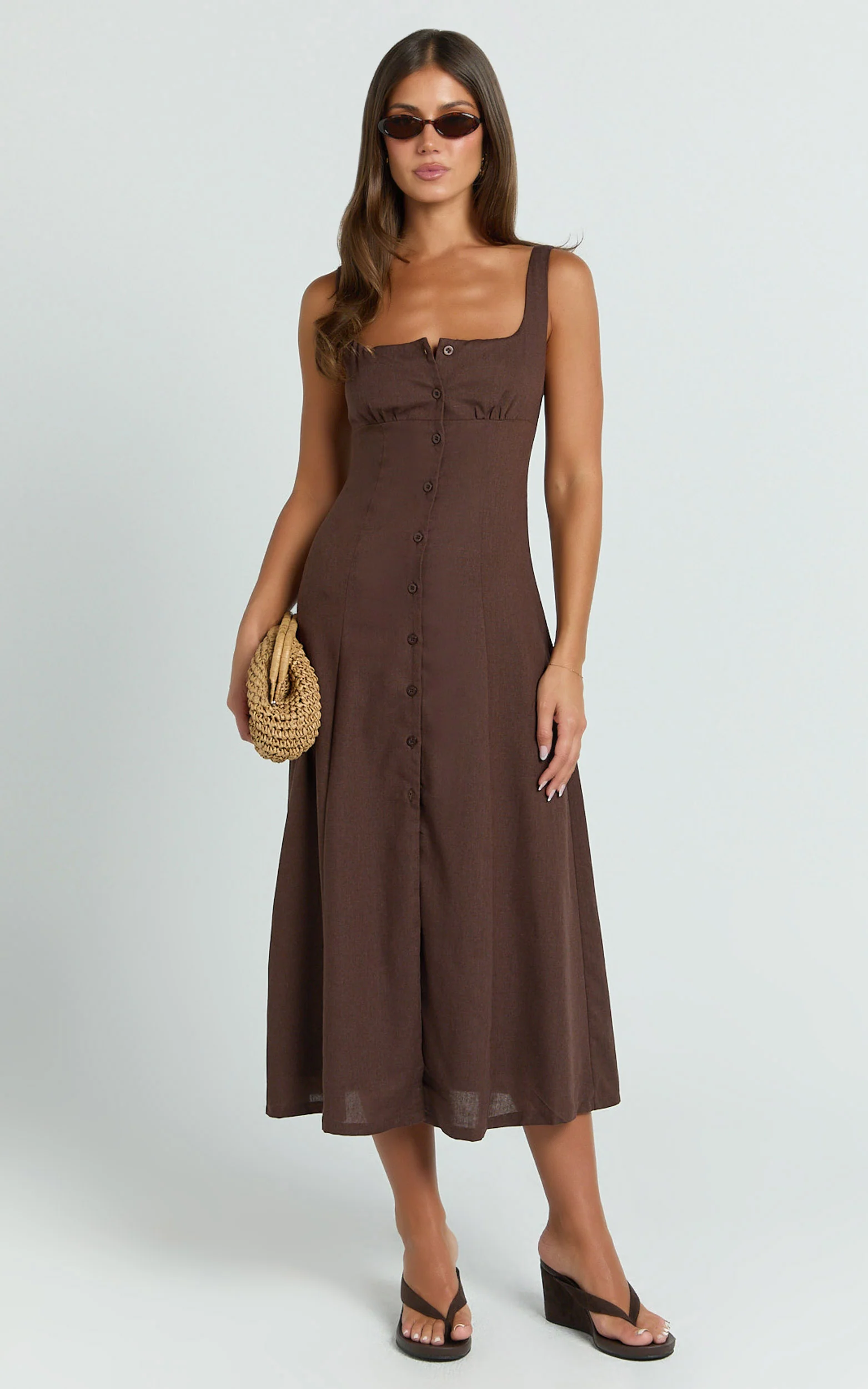 Cameron Midi Dress - Button Front Tie Back Dress in Chocolate