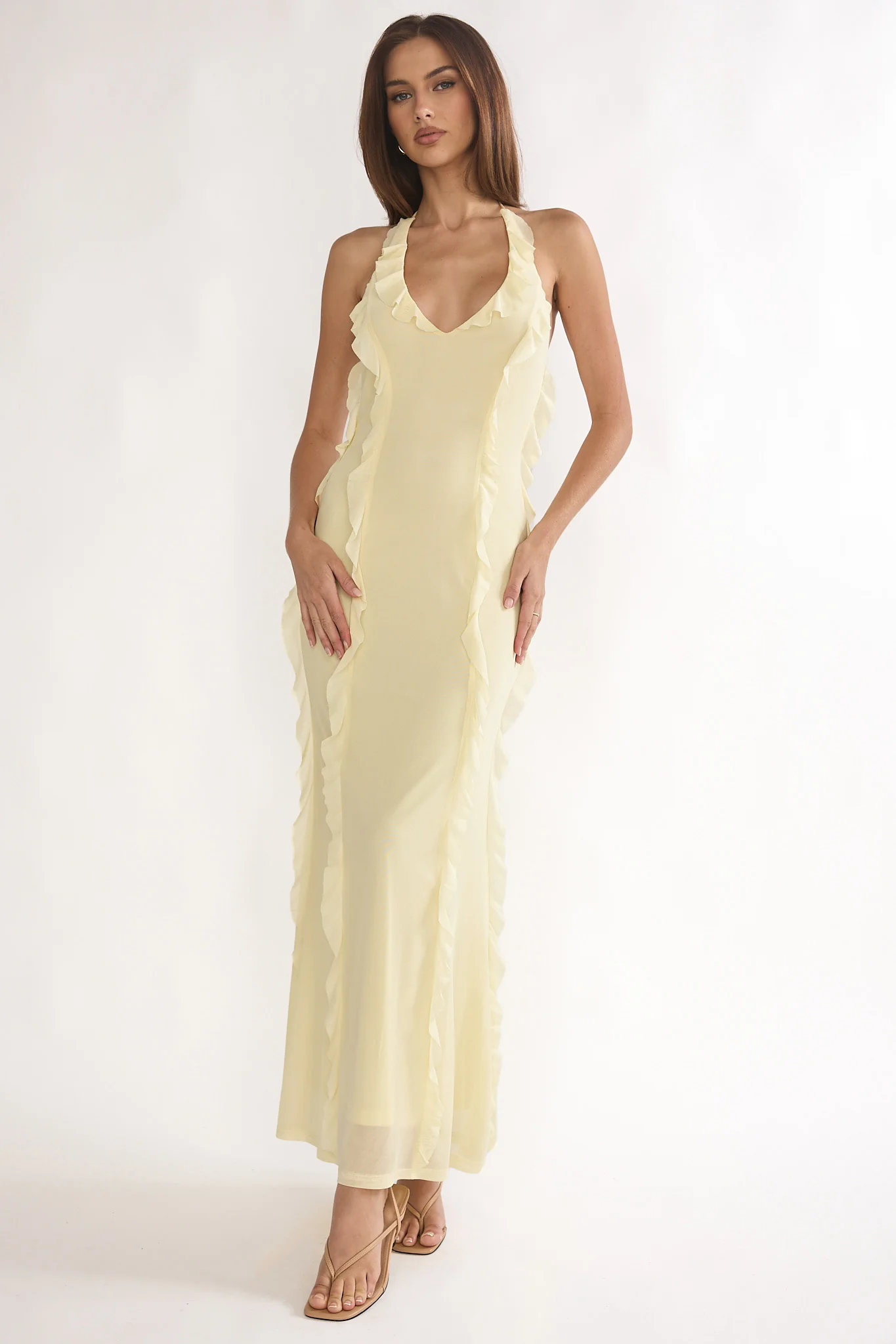 Collins Halter Ruffle Trim Maxi Dress Butter - luluinthesky