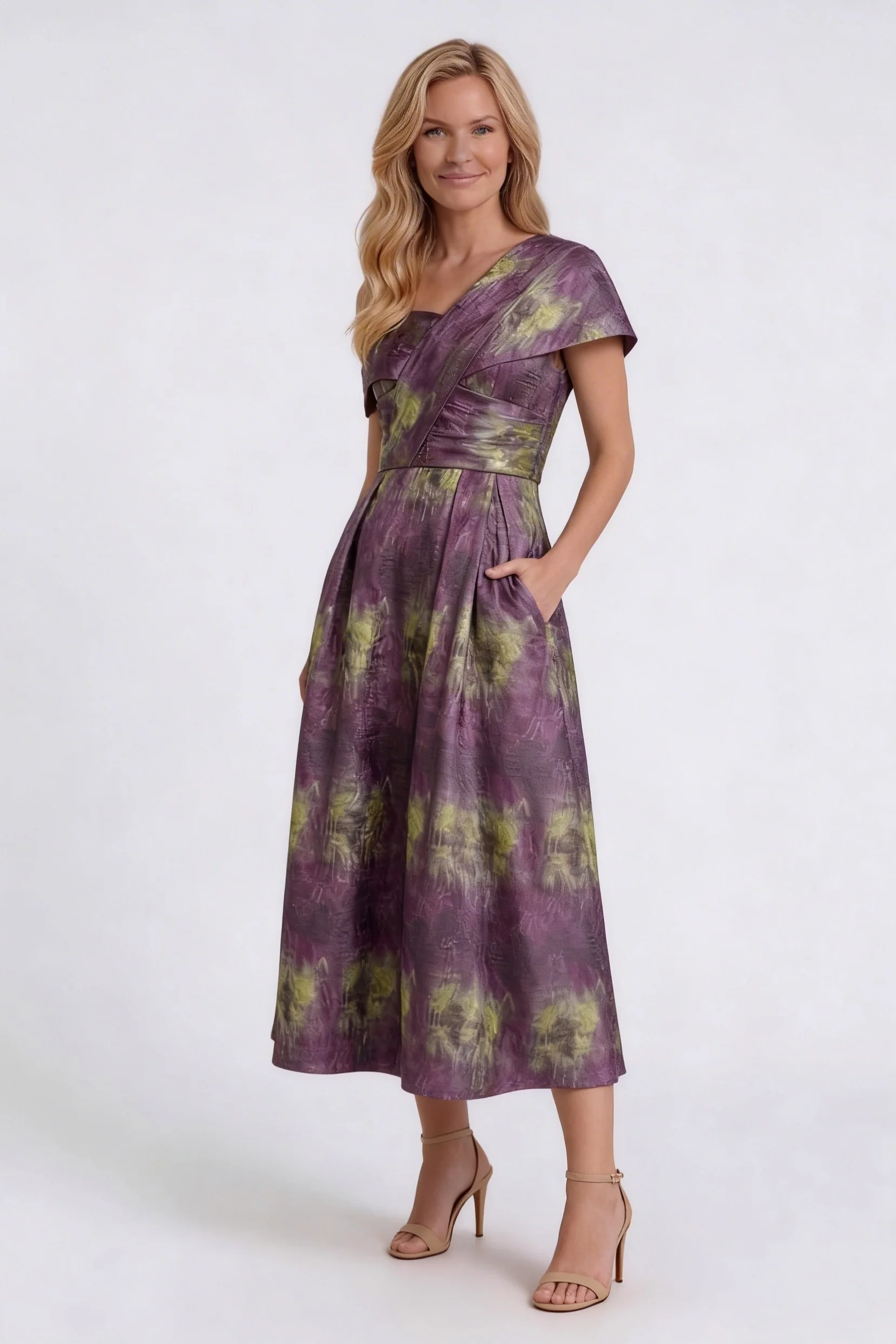 A-Line Tea-Length Jacquard Mother of the Bride Dress CM0421