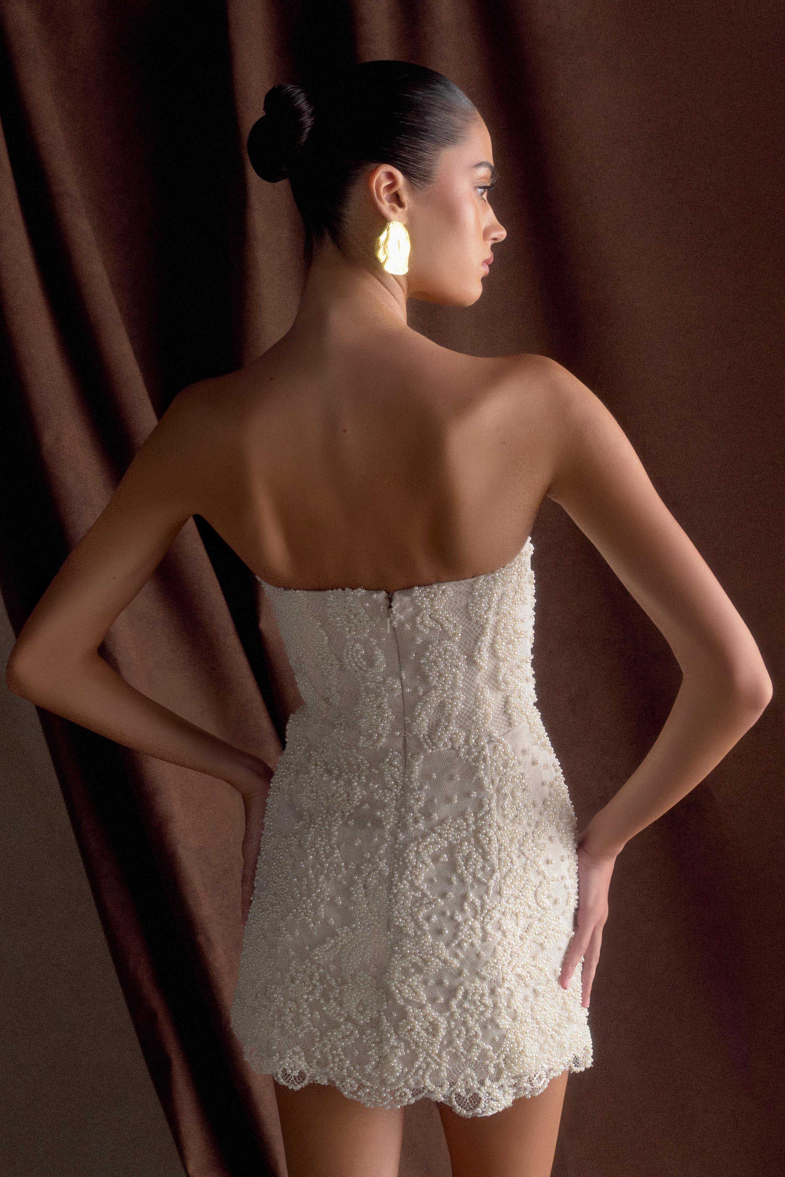 Eva Hand Beaded Pearl & Lace Mini Dress - White - luluinthesky
