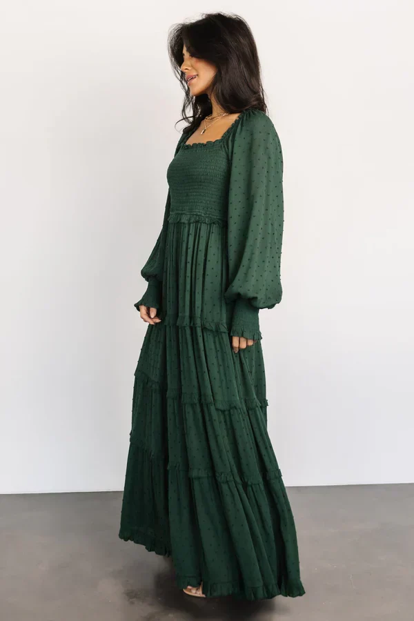 Amanda Smocked Dotted Maxi Dress | Evergreen