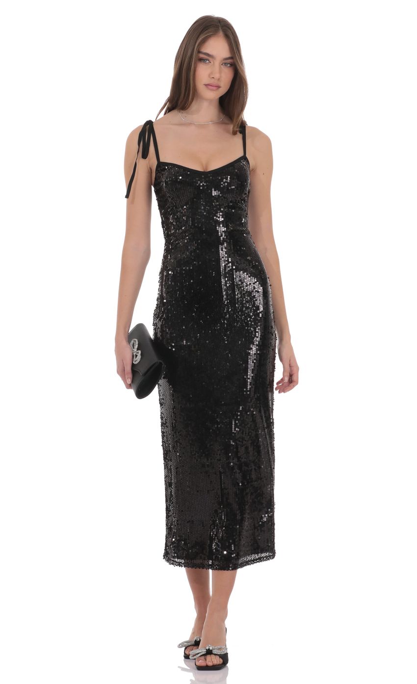 Sequin Shoulder Tie Maxi Dress in Black
