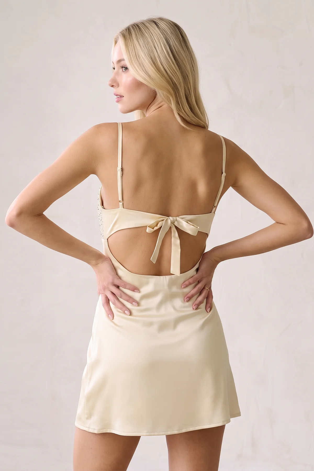 Champagne Spaghetti Straps Sheath Rhinestones Satin Homecoming Dress with Tie Back