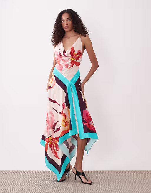 Tall deep cowl asymmetric open back maxi dress in scarf print