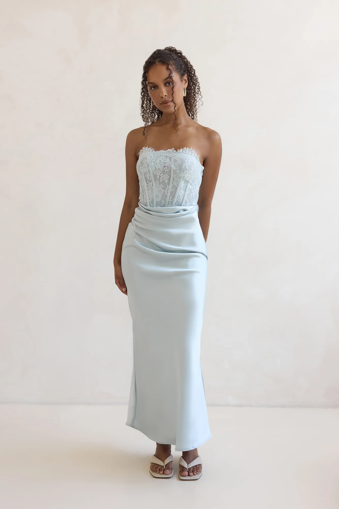 Away With You Satin Lace Strapless Maxi Dress Blue