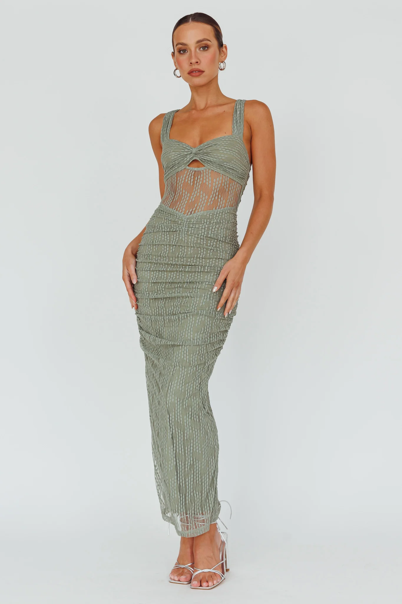 Oliana Embroidered Mesh Midi Dress Fern