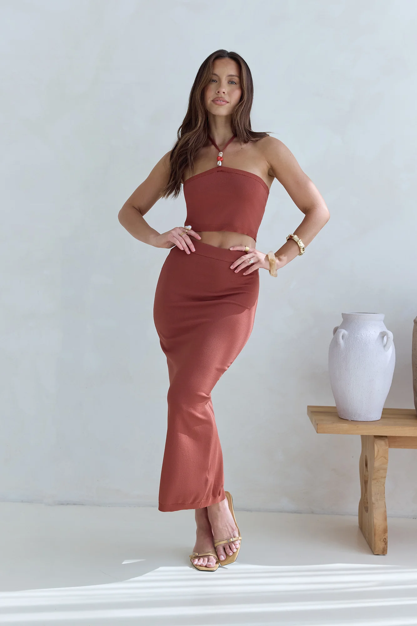 Secret Kisses Halter Knit Crop Top Clay