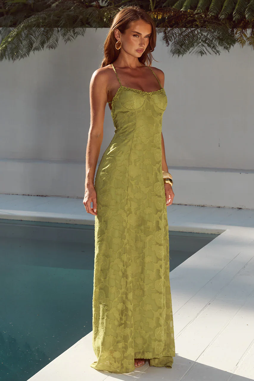 ELLERBY FRILL TRIM MAXI DRESS - OLIVE - luluinthesky