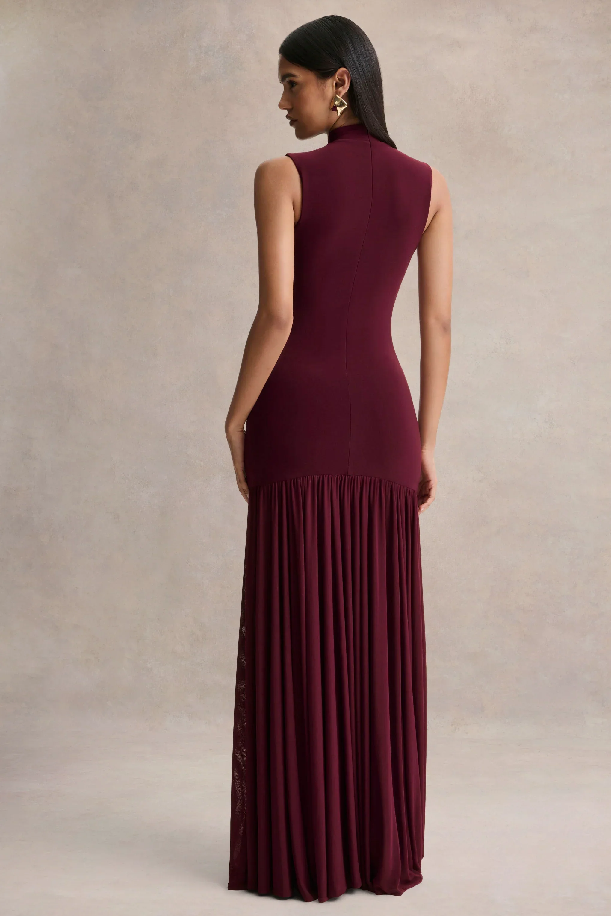 Gigi | Burgundy High-Neck Maxi Dress With Drop-Waist And Sheer Skirt
