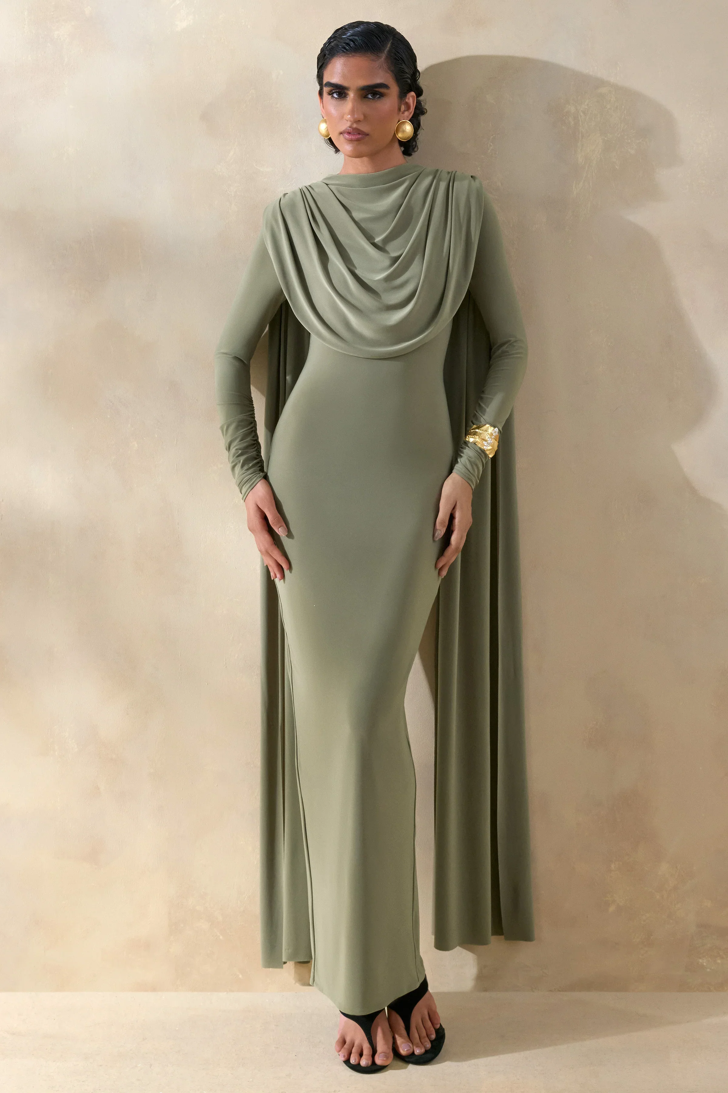 Lysoria | Olive High-Neck Maxi Dress With Draped-Detailing And Cape-Sleeves