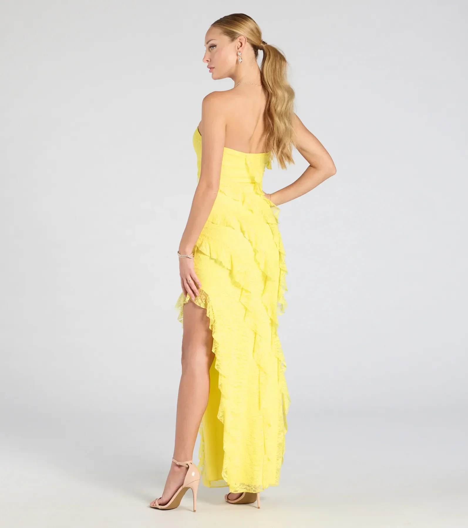 Kellie Strapless Ruffled Slit Lace Formal Dress