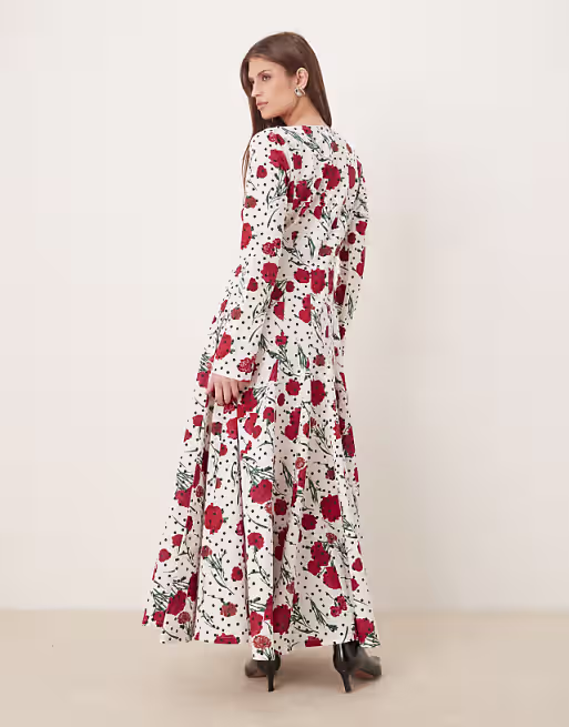 slash neck maxi dress with full skirt in floral polkadot