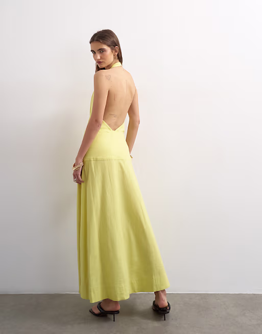 Topshop premium linen rich halter neck wrap maxi dress in muted lime