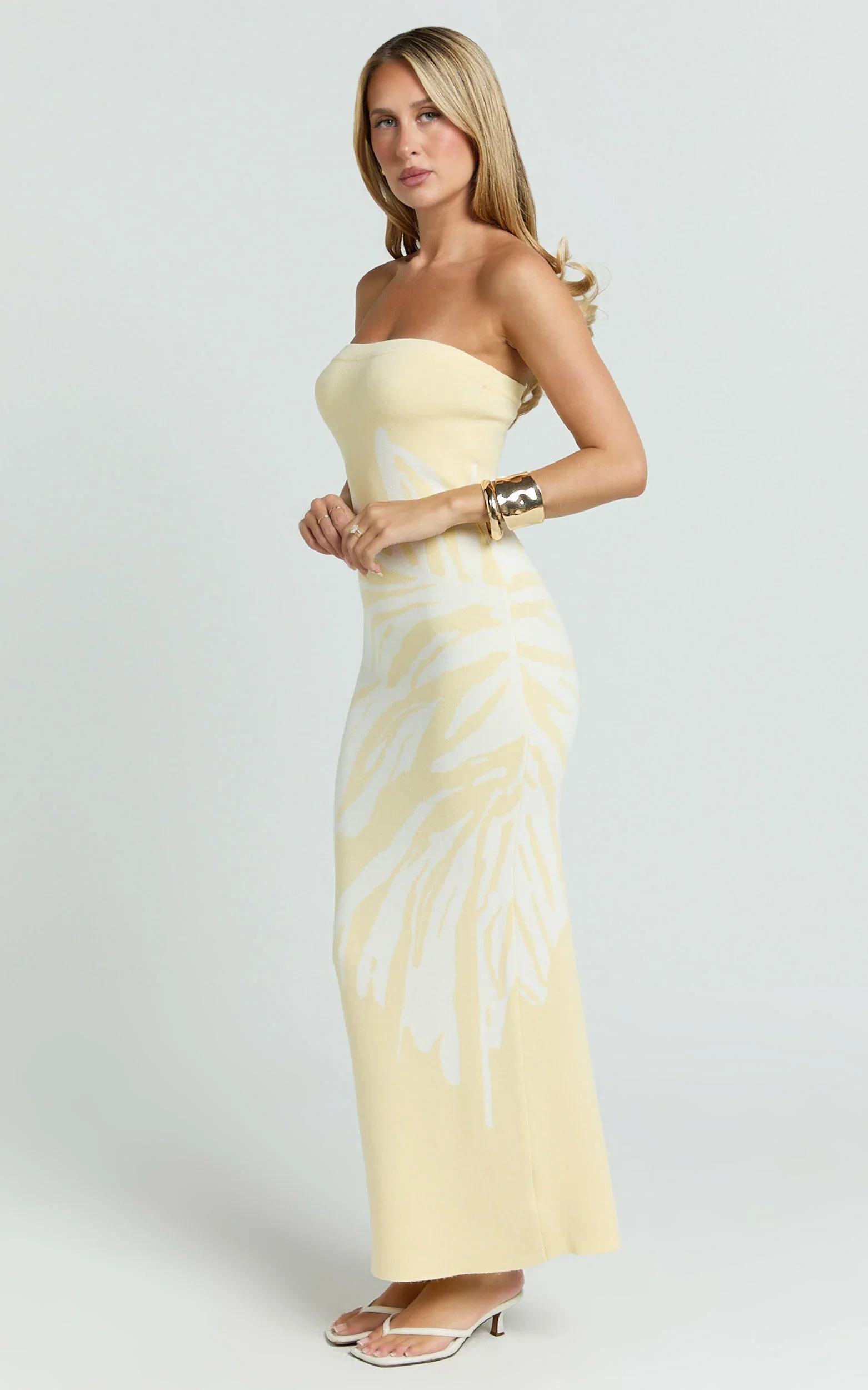 Rema Maxi Dress - Intarsia Floral Strapless Knitted Dress in Lemon