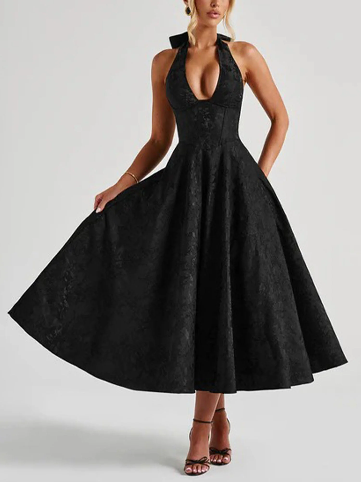 Black Halter Flared Midi Dress