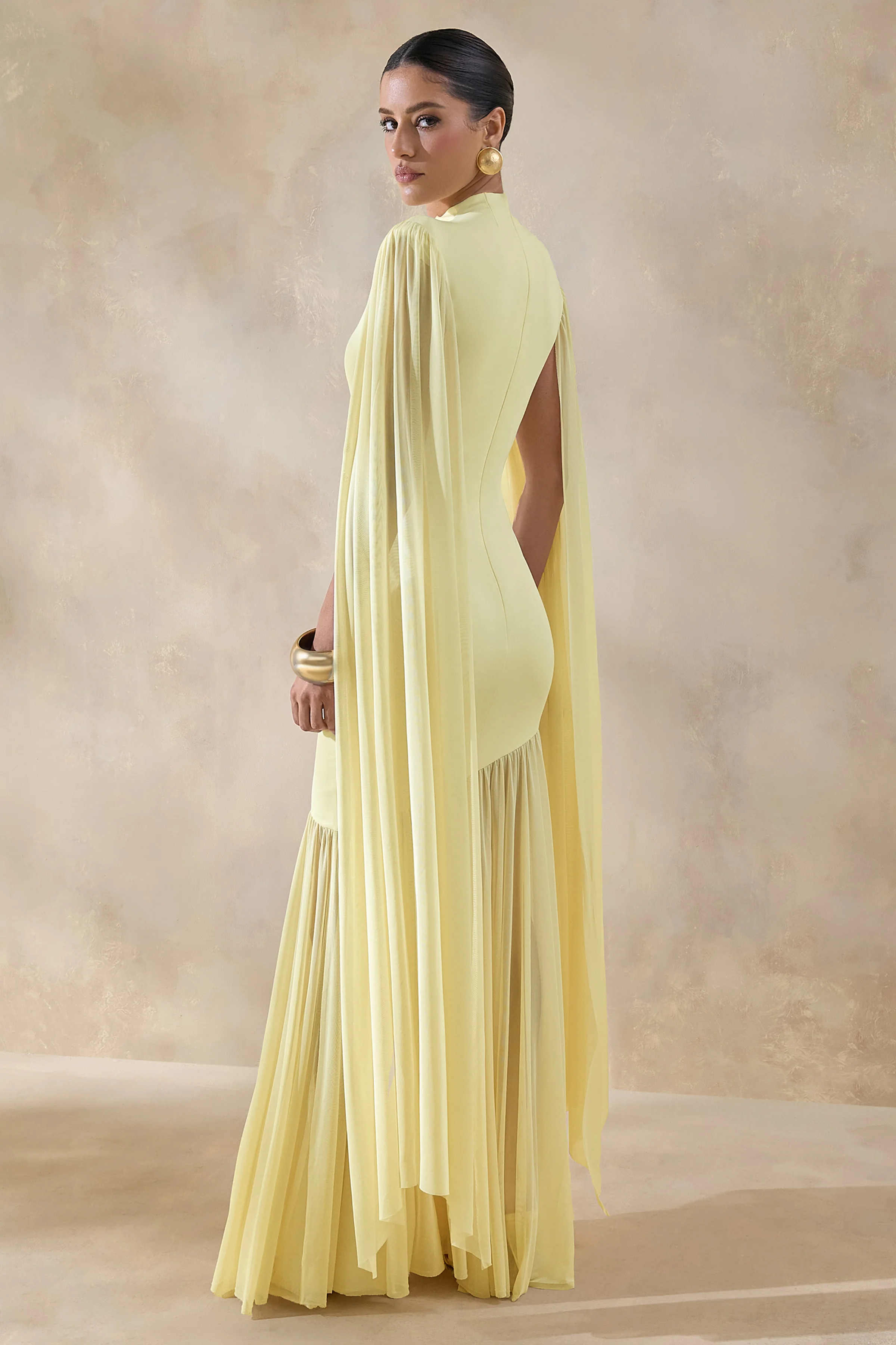 Chantelle | Lemon High-Neck Maxi Dress With Drop-Waist And Cape-Sleeves