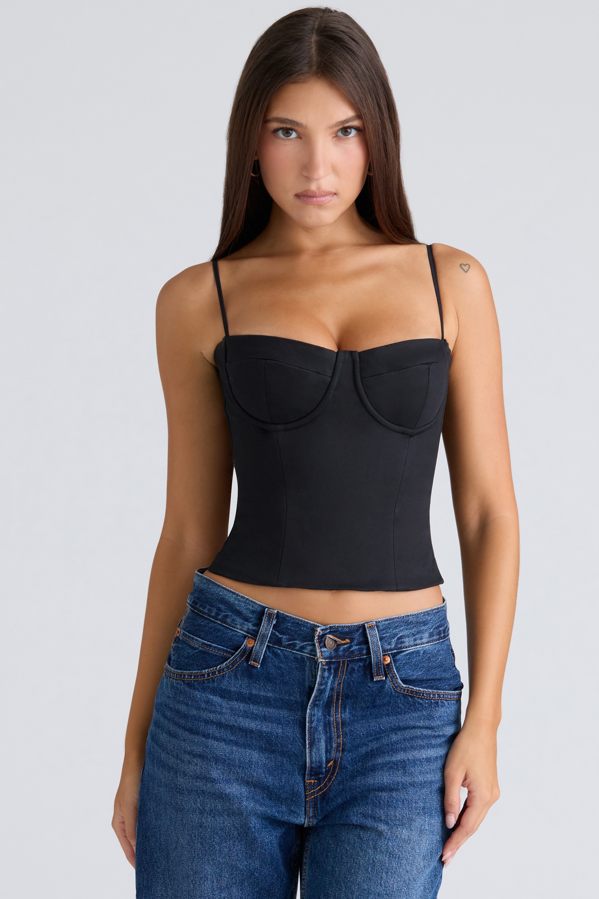 Black Stretch Twill Cupped Corset Top