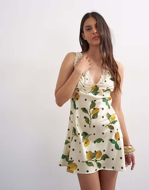 Topshop lace insert pintucked waist mini tea dress in lemon polka dot print