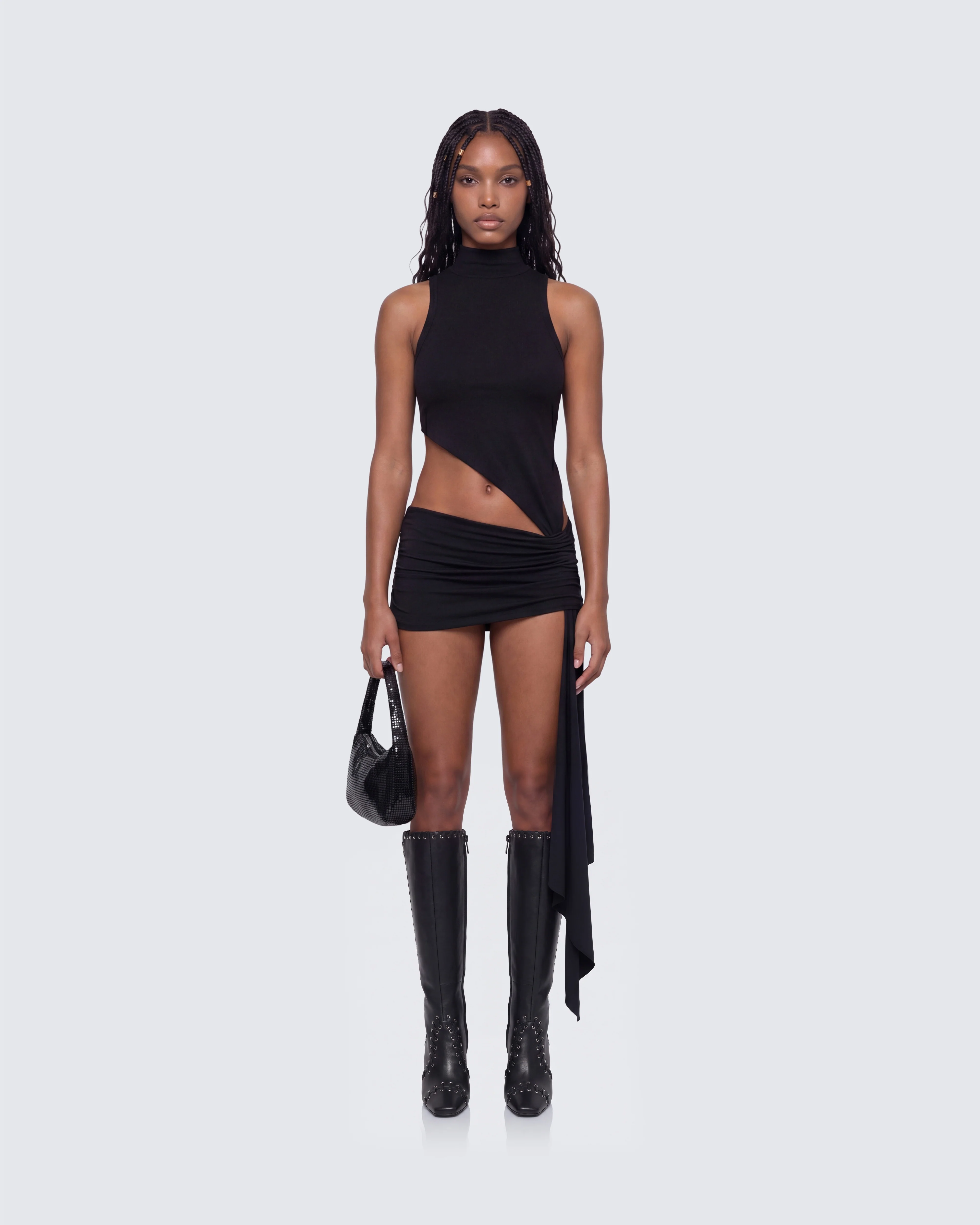 Lisi Black High Neck Cut Away Jersey Mini Dress