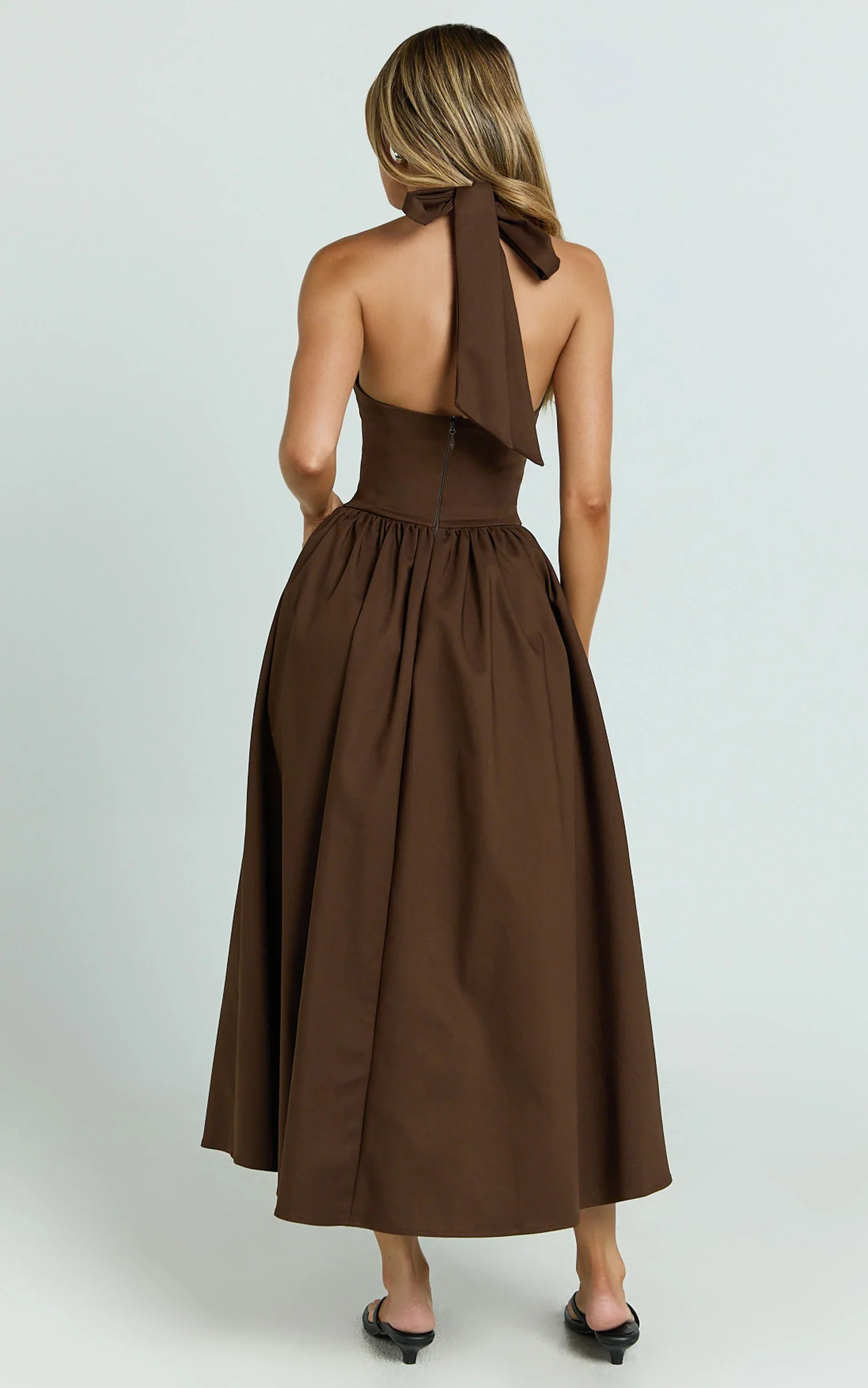 Helda Midi Dress - Halter Tie Neck Corset Panel Dress in Chocolate