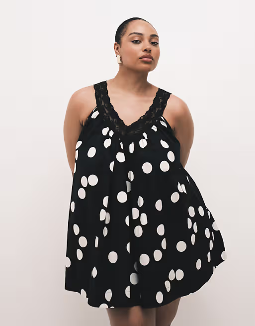 Curve poplin v-neck mini smock sundress with lace overlay in black and white polka dots