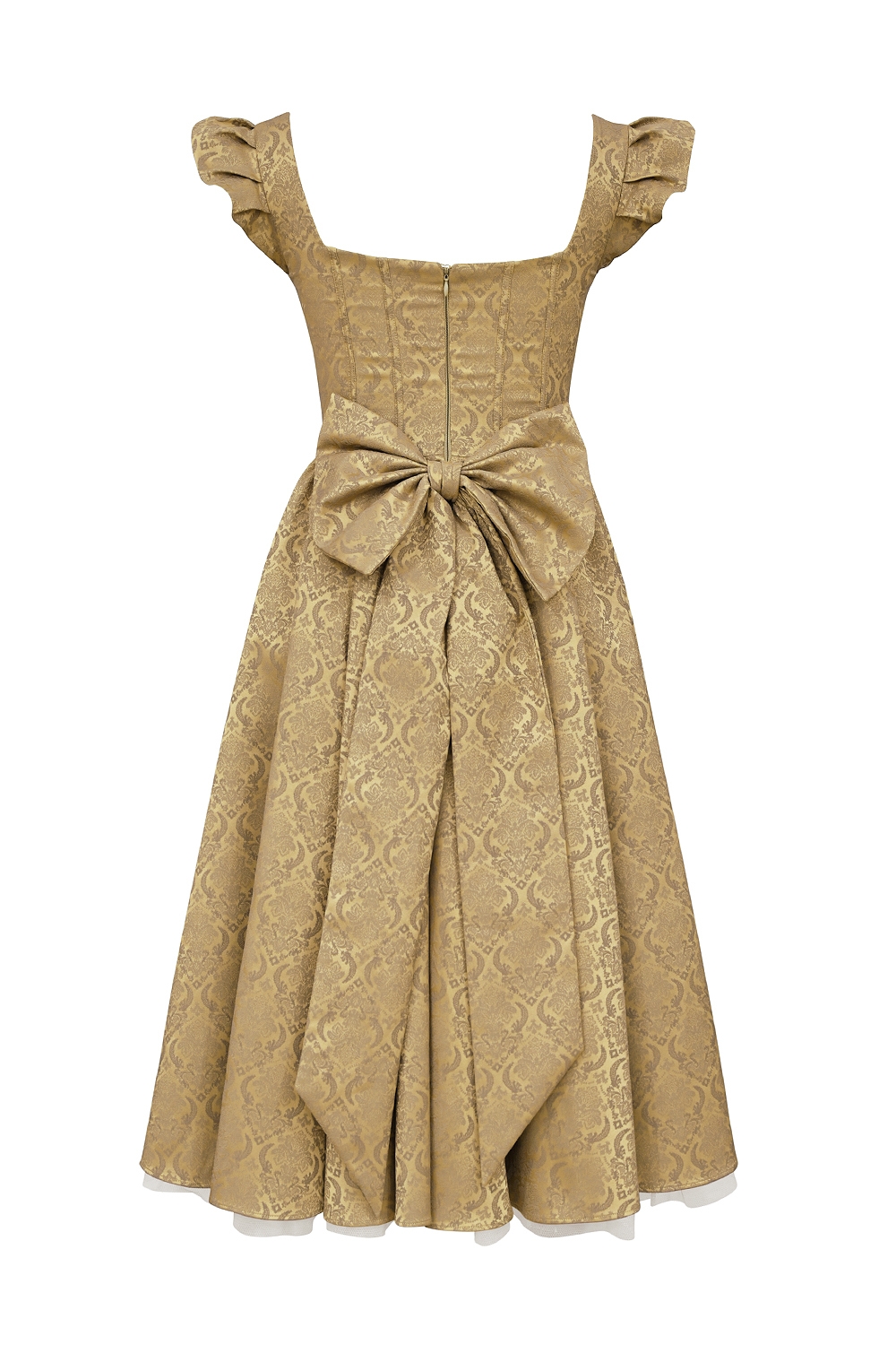 Gold Jacquard Midi Dress With Detachable Bow