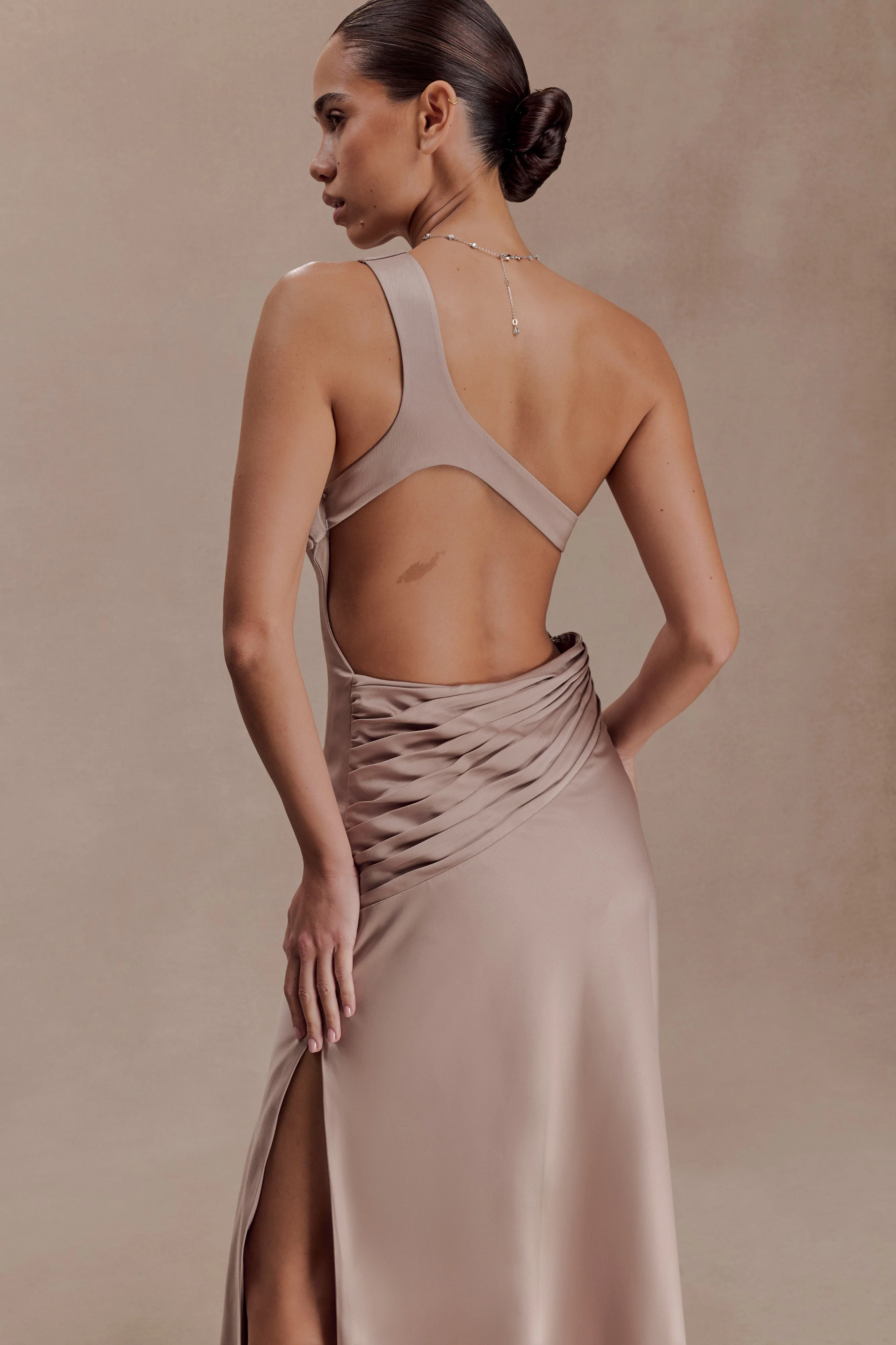 Lyla Asymmetrical Satin Maxi Dress - Bronze Taupe