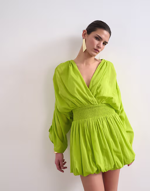 Topshop cotton long sleeved deep plunge bubble hem mini dress in lime
