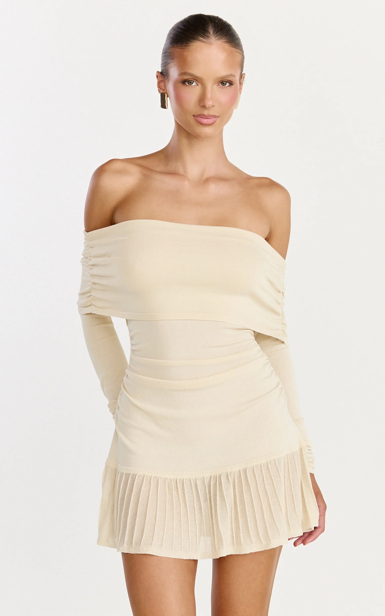 Roxy Mini Dress - Off Shoulder Long Sleeve Pleated Skirt Dress in Cream