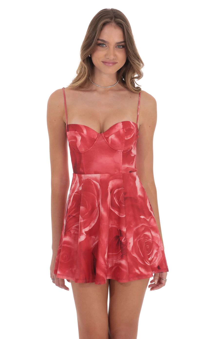 Rose Mesh Corset A-line Dress in Red