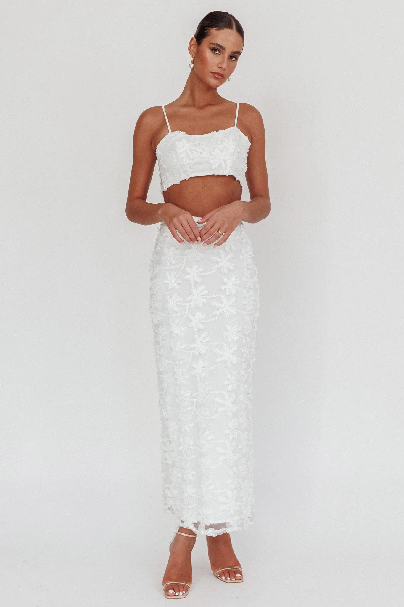 Casi Palm Tree Embroidered Maxi Skirt White