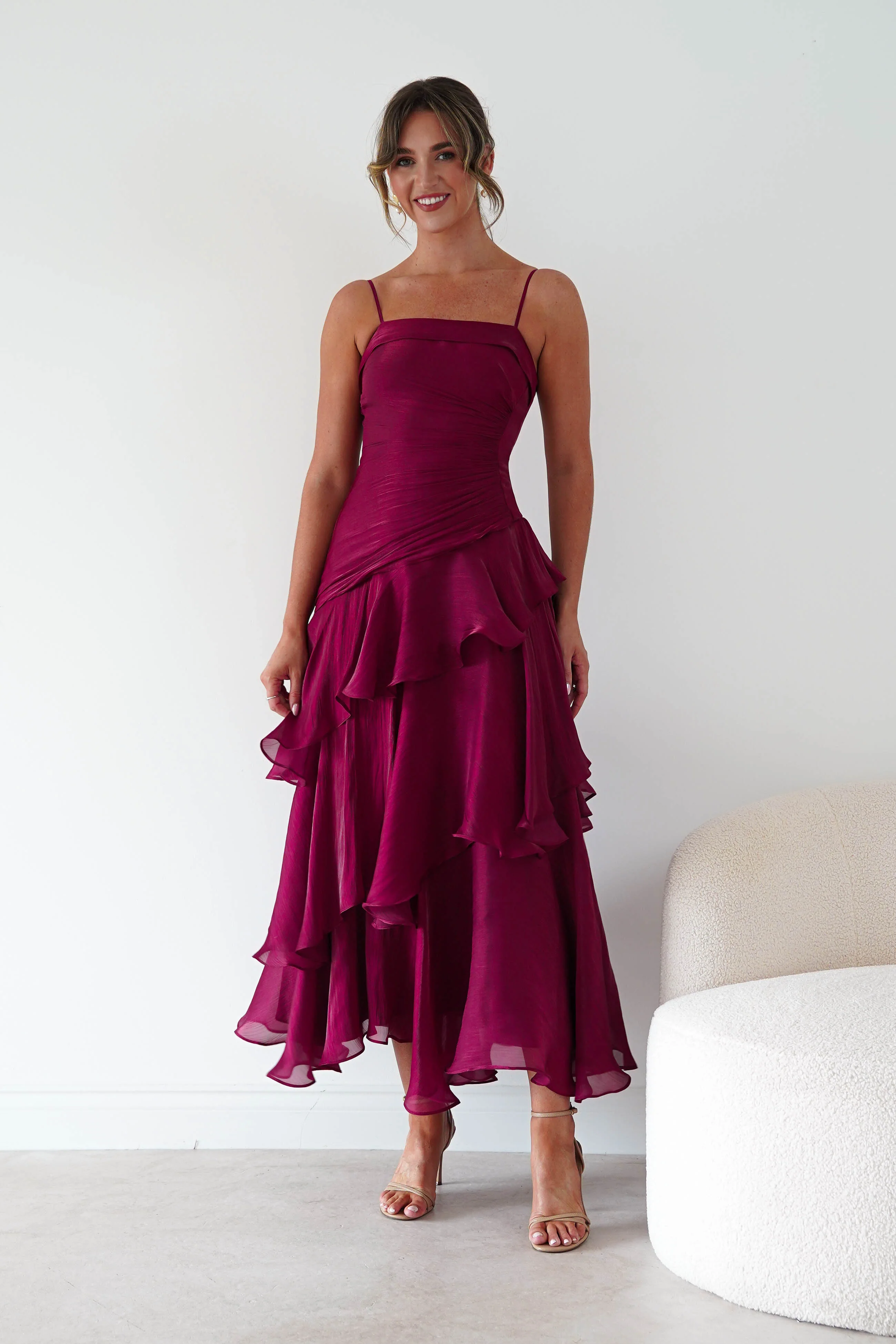 Renee Luminescent Ruffle Maxi Dress | Wine