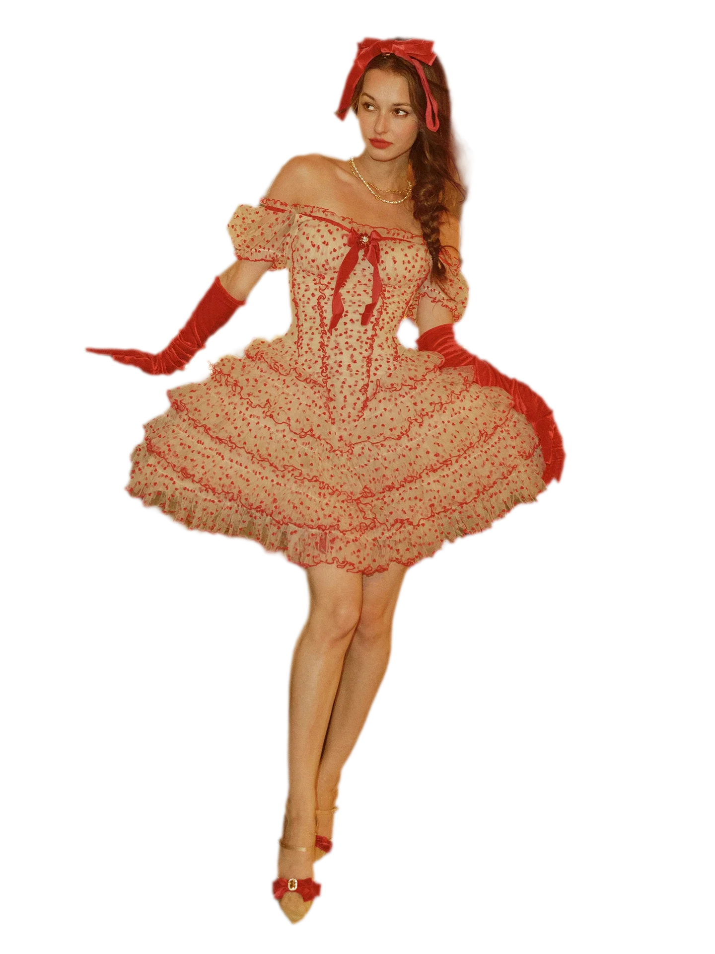 Flocked Bow Ruffle Dress