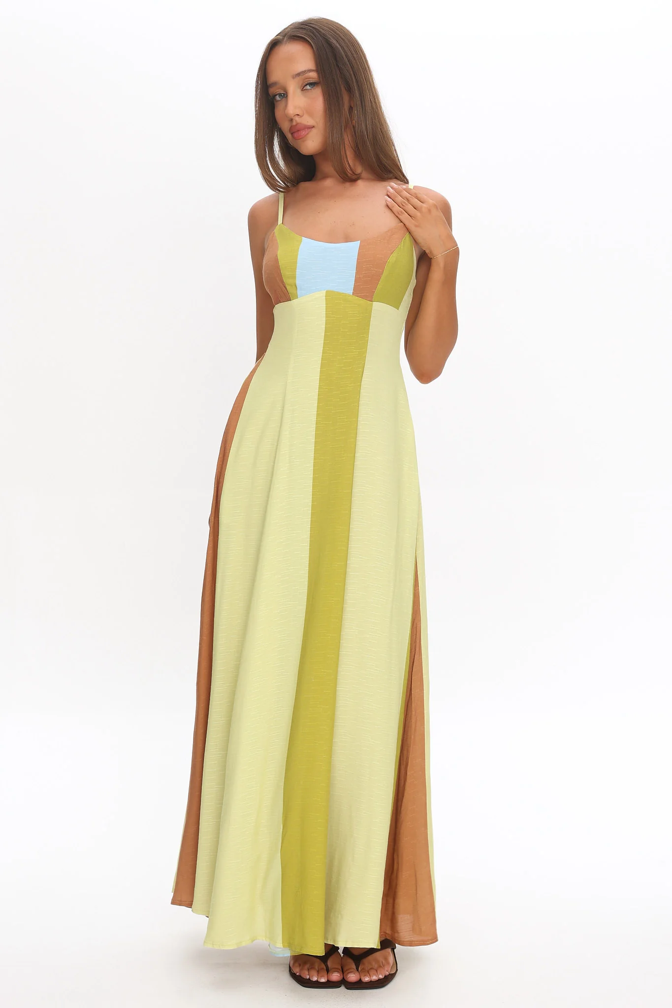 Nolan Princess Seam Maxi Dress Stripe Green