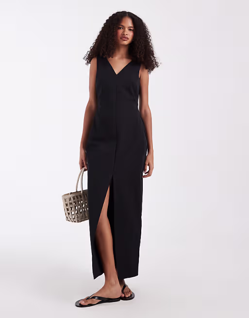 V-neck column midi dress with double slit in black