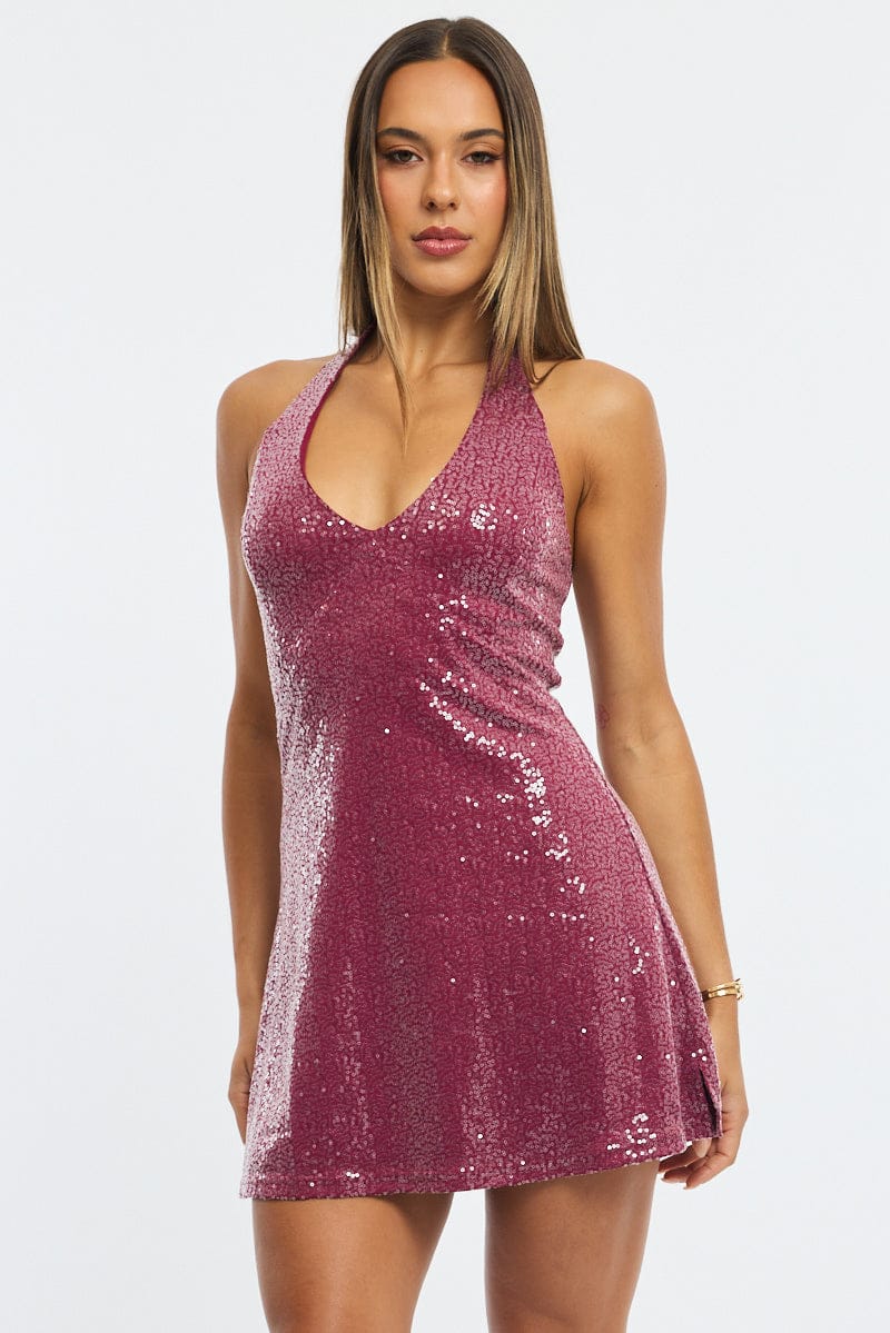 Red Mini Dress Halter Neck Sequin