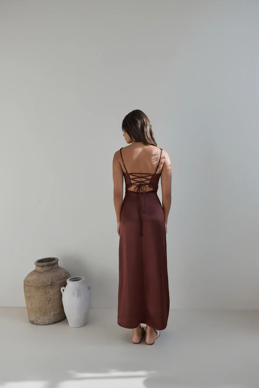 Romantic One Satin Maxi Dress Brown - luluinthesky