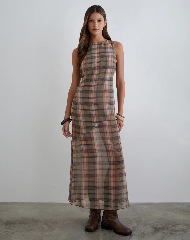 Elska Maxi Dress in Brown and Pink Blurry Check