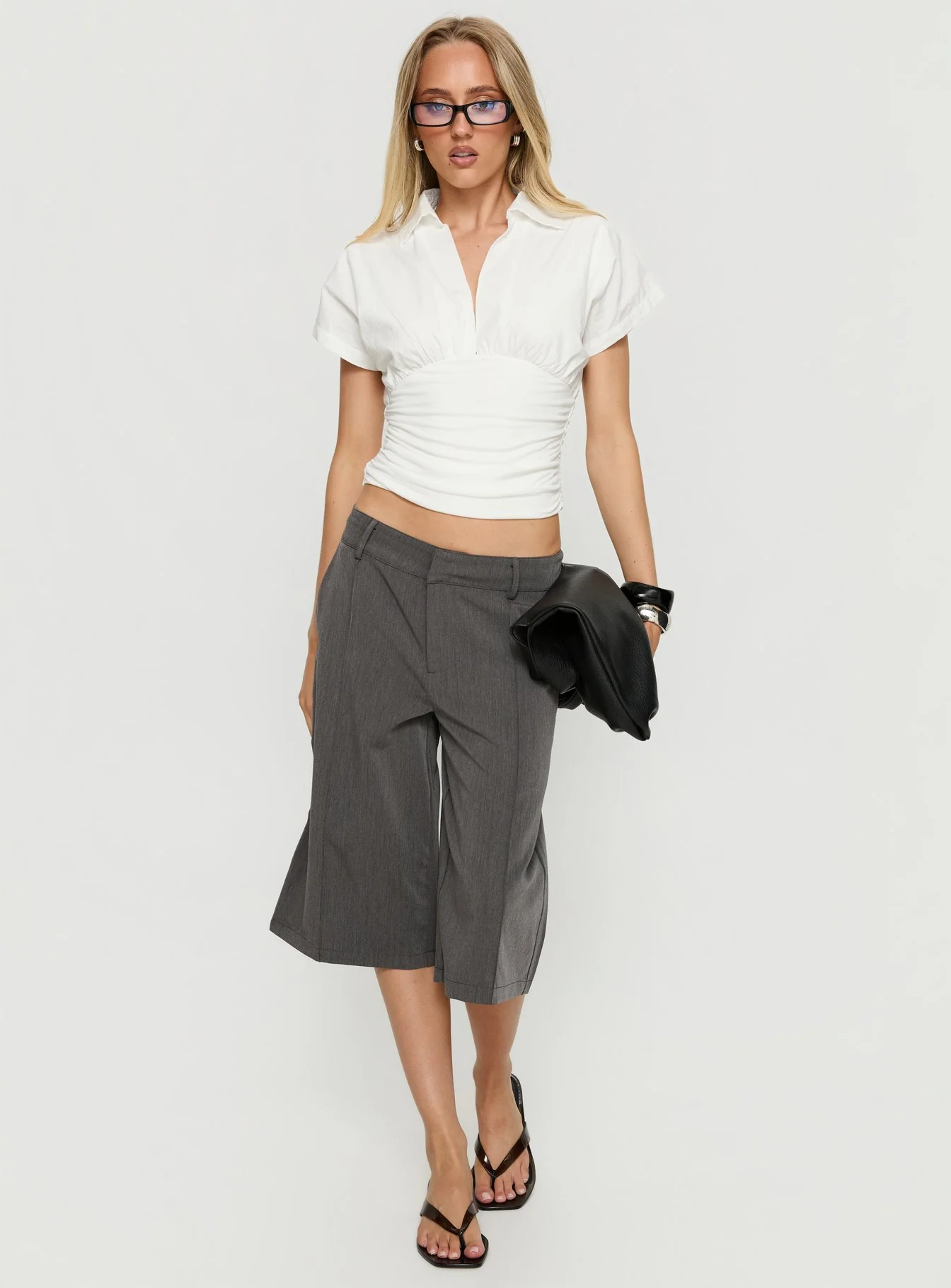 Chalia Ruched Collared Top White